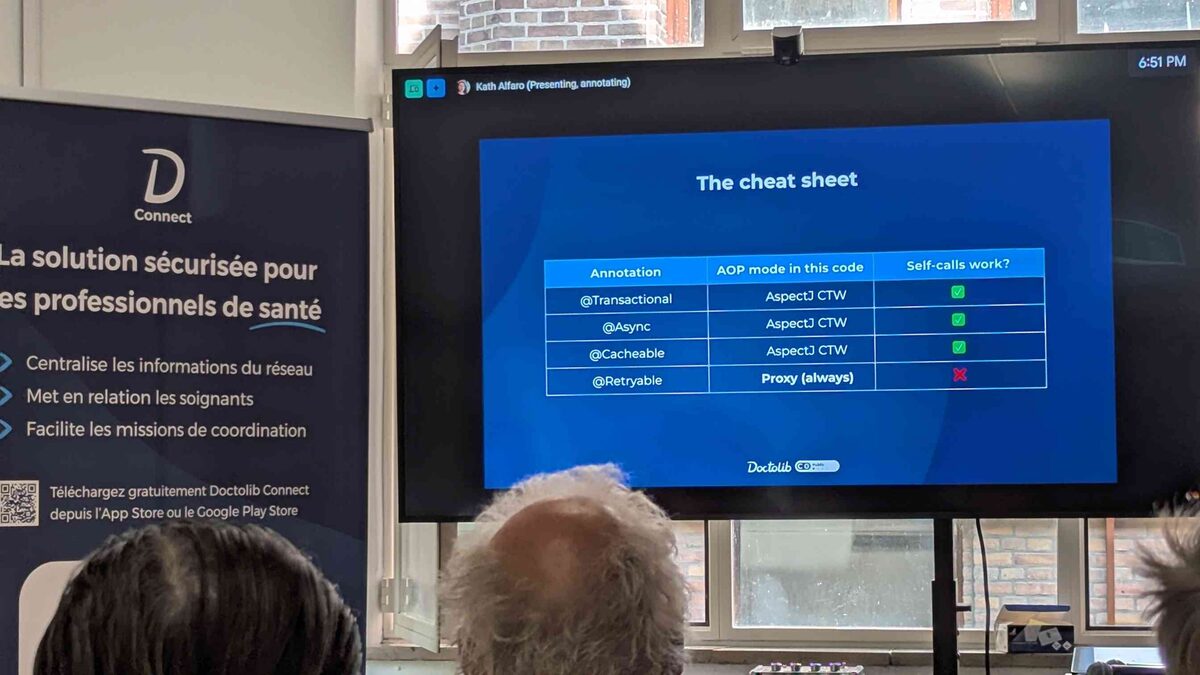 Amsterdam JUG meetup at Doctolib office — Kath Alfaro presenting on Spring AOP