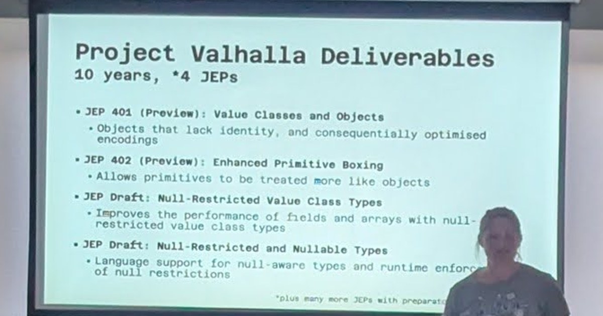 A speaker at the Amsterdam Java User Group presenting a Project Valhalla Deliverables slide