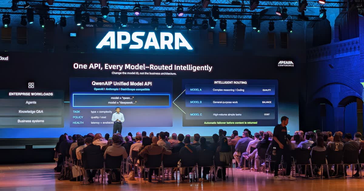 The Apsara Conference hall in the Beurs van Berlage, Amsterdam, with a speaker in front of a slide reading One API, Every Model, Routed Intelligently
