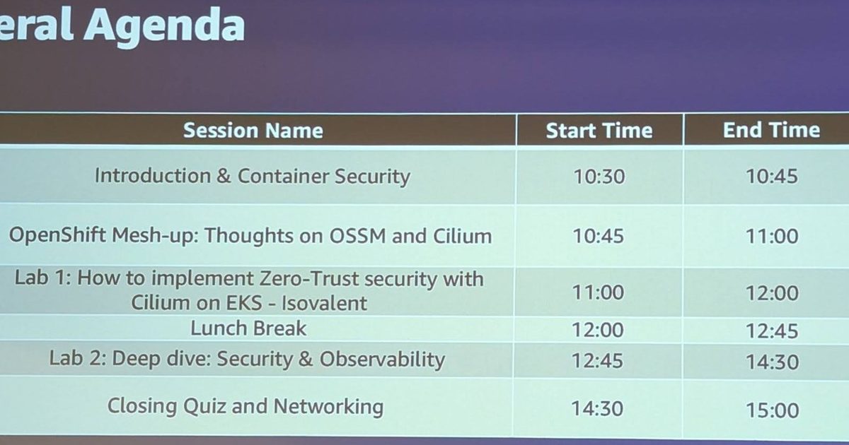 Agenda slide of the AWS Activation Day on EKS security with Isovalent labs and an OpenShift Service Mesh session