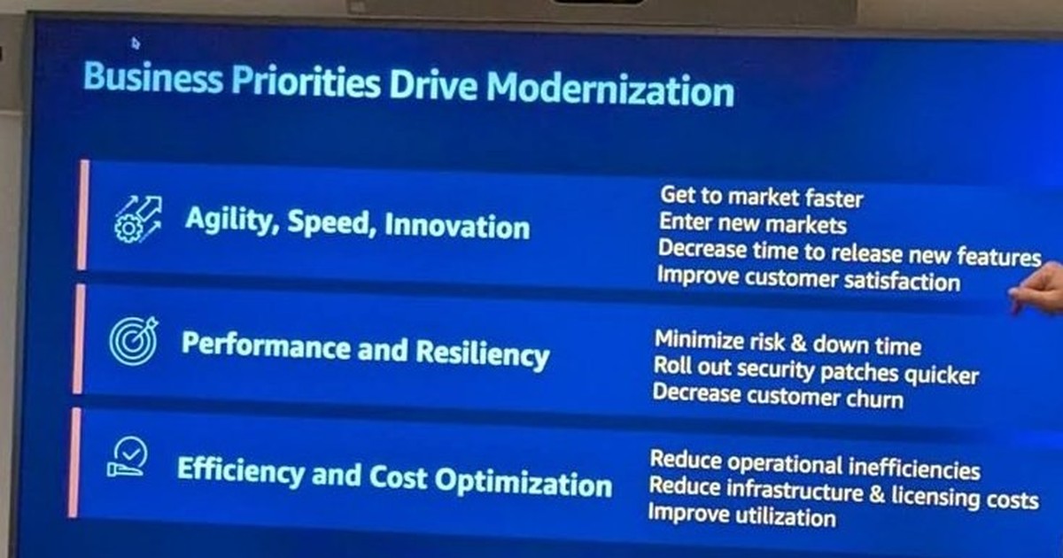 AWS slide Business Priorities Drive Modernization: agility, performance and resiliency, efficiency and cost optimization