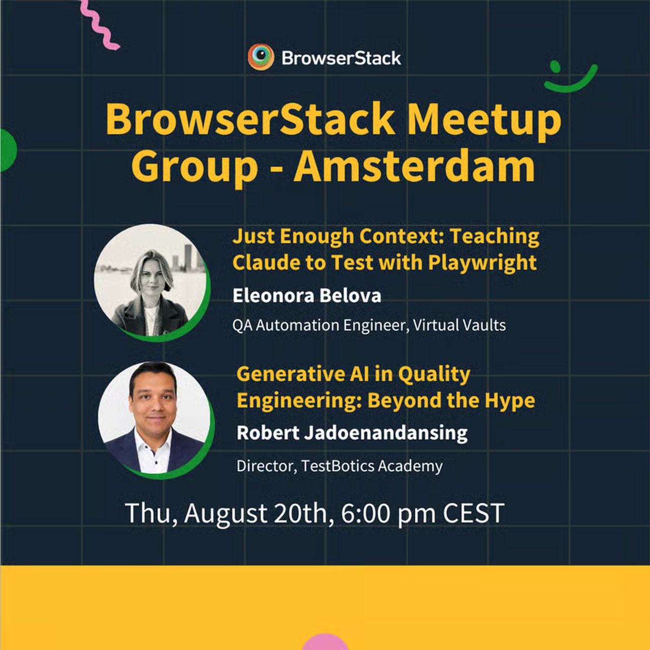 BrowserStack Meetup Group Amsterdam flyer featuring talks on Claude, Playwright, and Generative AI in Quality Engineering