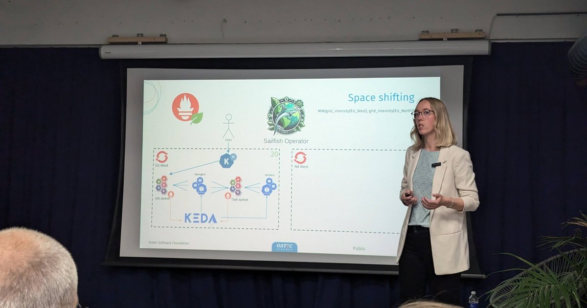 A speaker beside a Space shifting slide showing the Sailfish Operator, KEDA and a grid intensity formula