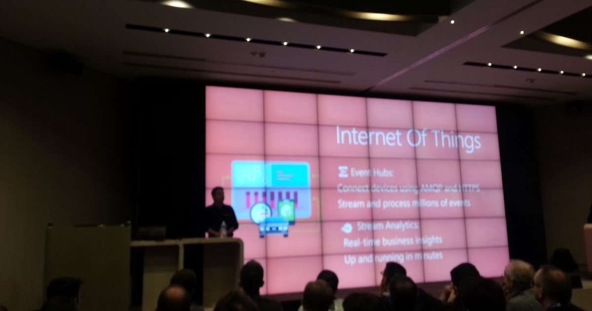 Internet Of Things slide on a large video wall at Community Days 2015, listing Azure Event Hubs and Stream Analytics