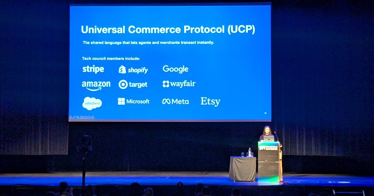 Stripe's Universal Commerce Protocol slide at DevWorld Conference 2026 listing the tech council members