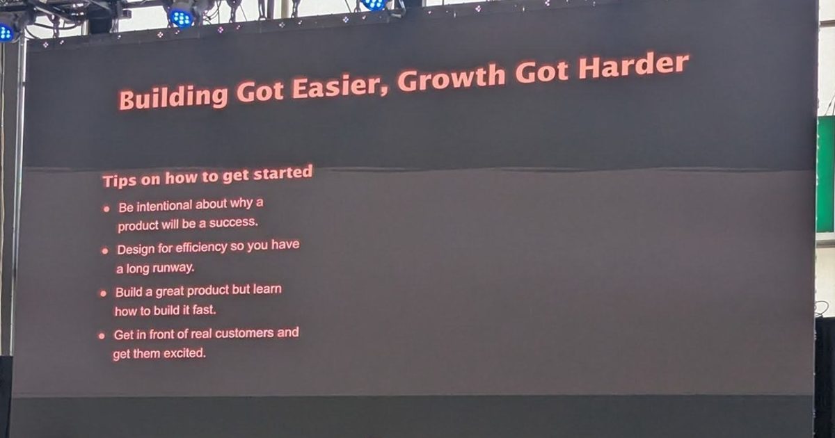 Slide titled Building Got Easier, Growth Got Harder at DevWorld Conference 2026
