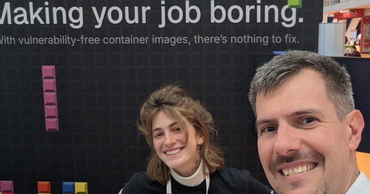 Luca Berton with Gabriela K. Wolin at the echo.ai booth at KubeCon Europe 2026 - Making your job boring