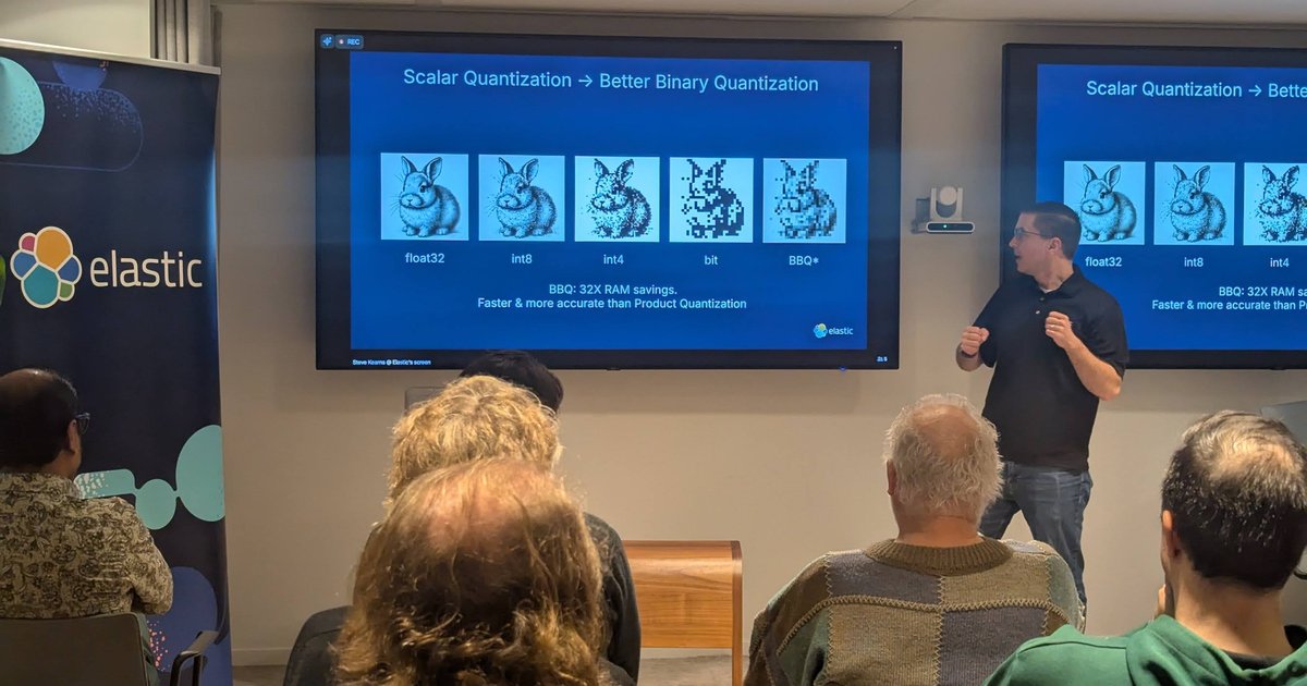 Steve Kearns presenting the Scalar Quantization to Better Binary Quantization slide at Elastic Meetup Amsterdam in November 2024