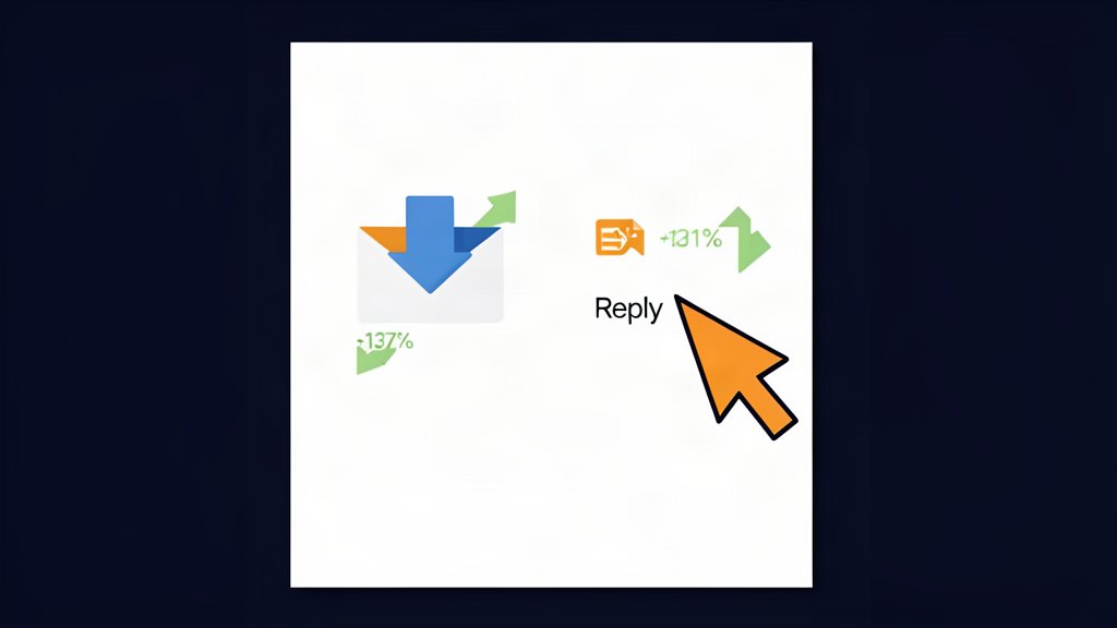 Inbox tray showing incoming mail and a cursor clicking reply on outgoing mail — email productivity visualization