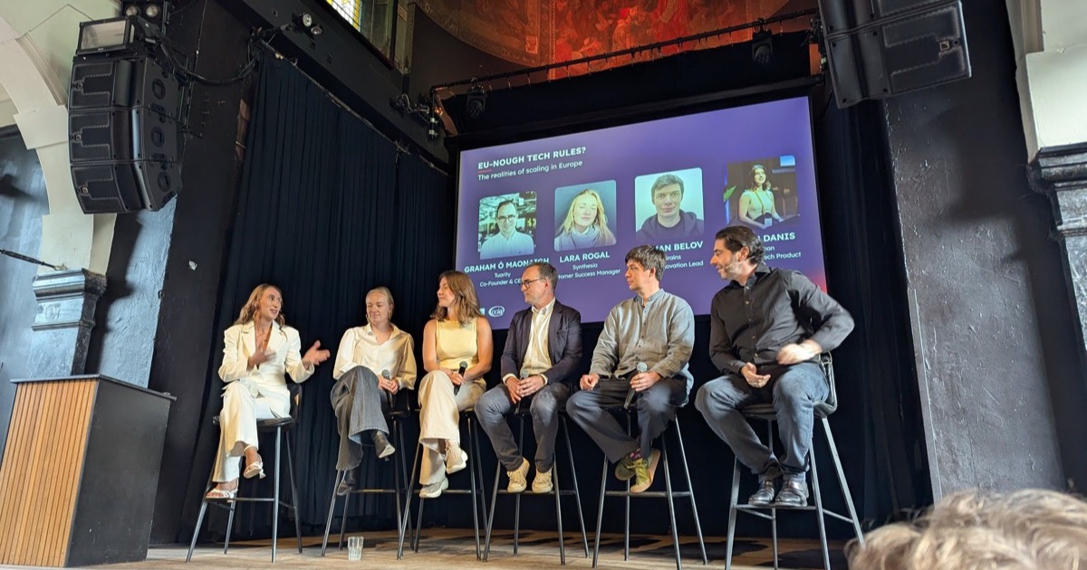 Panel discussion at EU-Nough Tech Rules DutchBasecamp Amsterdam 2026 with Graham Ó Maonaigh, Lara Rogal, Roman Belov, and Ceren Danis