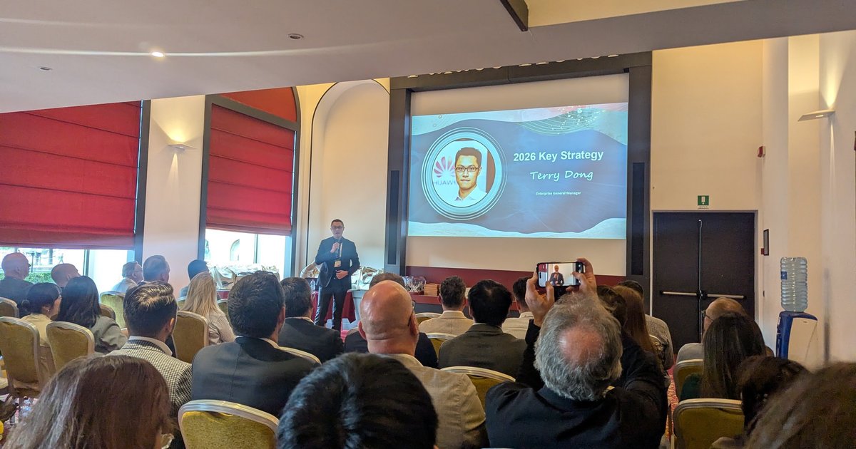 Terry Dong, Huawei Enterprise General Manager, presenting the 2026 Key Strategy at the Benelux & Ireland Partner Summit 2026 at Lake Como