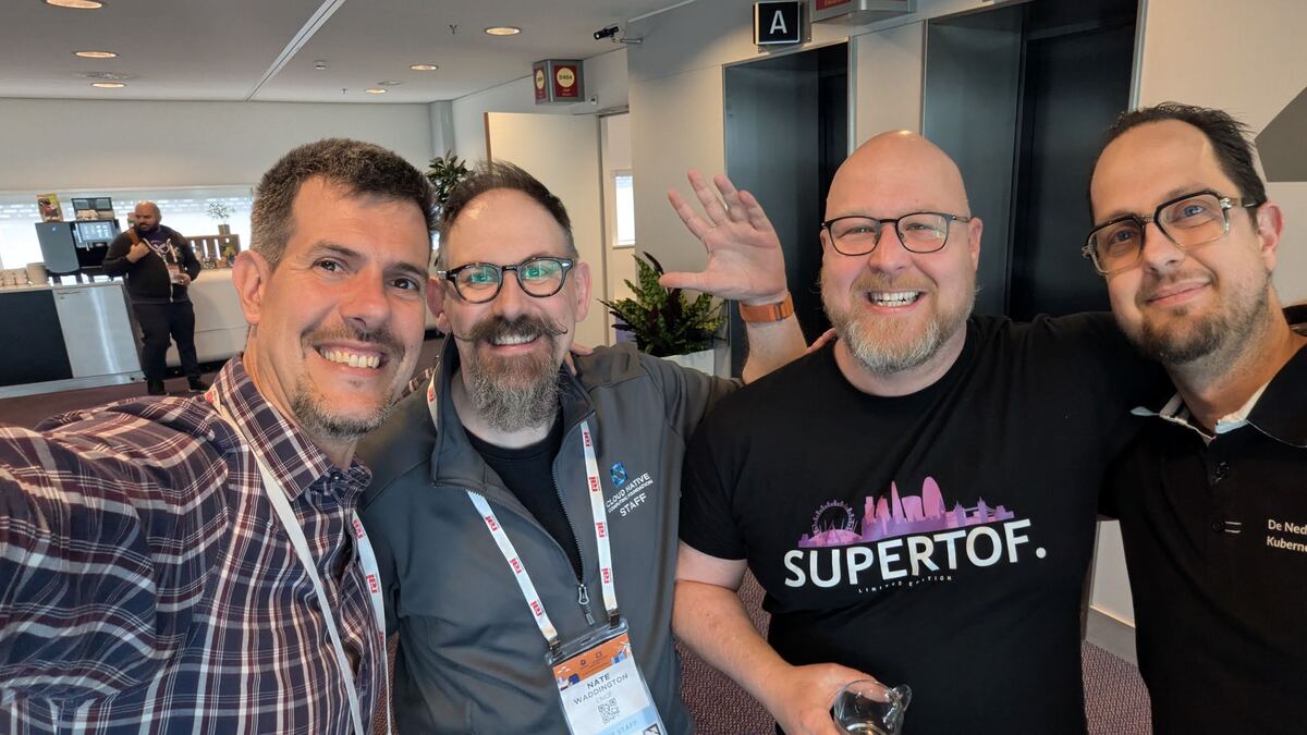 Luca with Nate Waddington (CNCF) and De Nederlandse Kubernetes Podcast team at KubeCon EU 2026