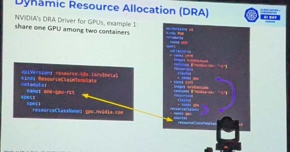 Slide showing the NVIDIA DRA driver for GPUs sharing one GPU among two containers with a ResourceClaimTemplate