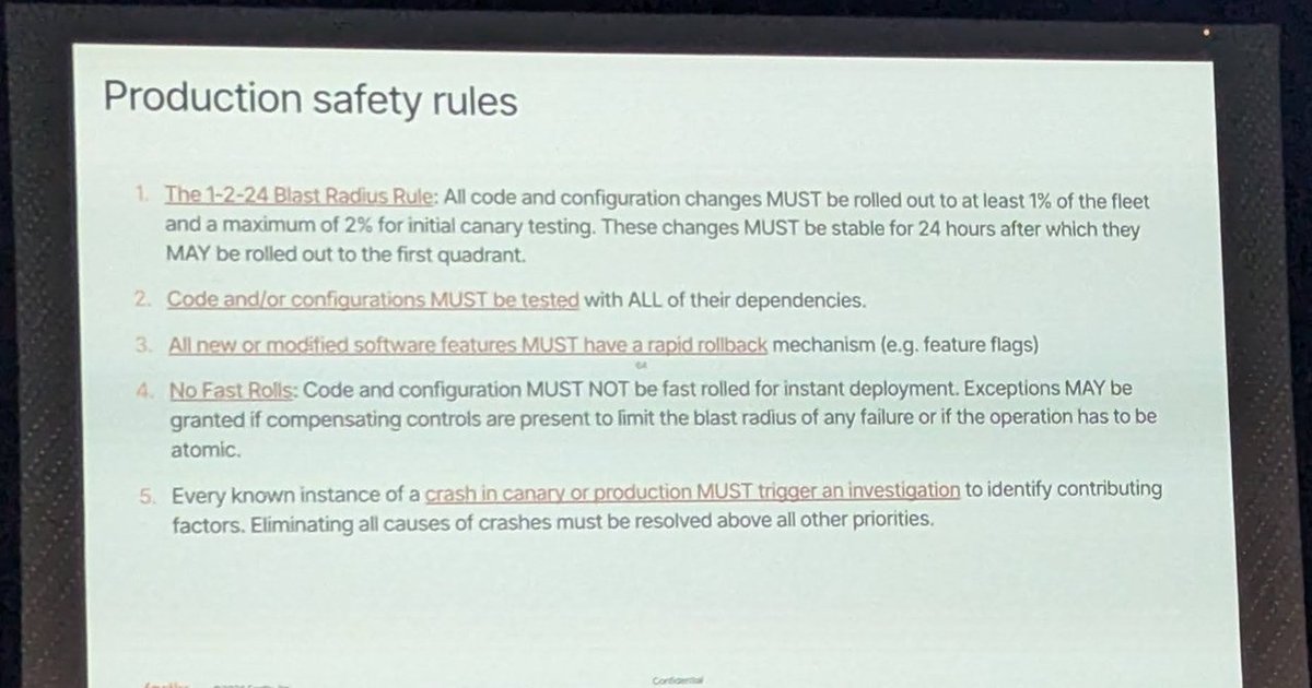 Slide titled Production safety rules listing five rules including the 1-2-24 blast radius rule