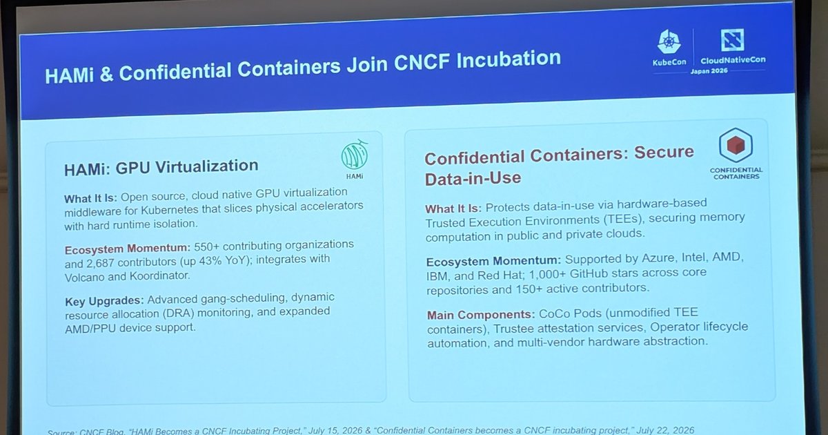 A KubeCon Japan 2026 press briefing slide titled HAMi and Confidential Containers Join CNCF Incubation