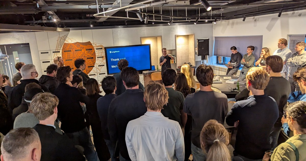 A packed room at the AI Foundry office in Amsterdam during the LangWatch talk at Becoming a 10x Engineer in the Age of AI Devtools