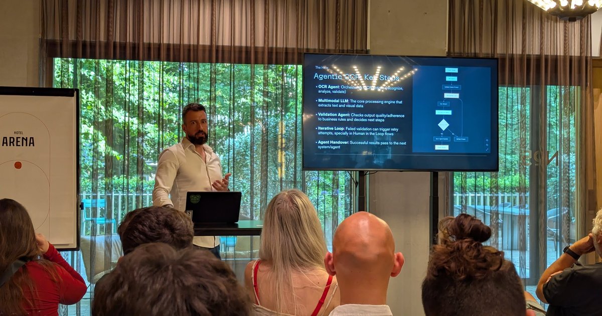 Speaker on stage next to a slide titled Agentic OCR Key Steps at the LlamaIndex Data Agent Builders meetup in Amsterdam