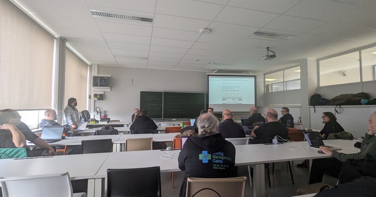 The local-LLM workshop room at CfgMgmtCamp 2025 in Ghent, with a slide on Chroma vector databases