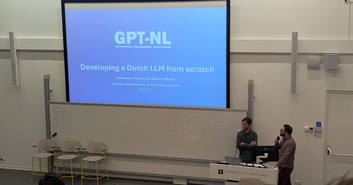 GPT-NL title slide, Developing a Dutch LLM from scratch, at the MLOps Community Amsterdam AI Strategy and Sovereignty Special