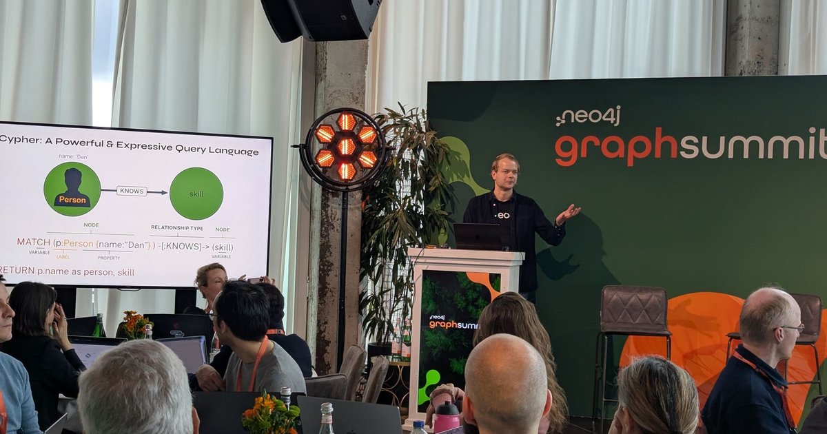 A GraphSummit Amsterdam 2025 workshop slide titled Cypher: A Powerful and Expressive Query Language, next to the neo4j graphsummit stage