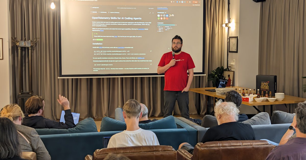 Speaker in a Dash0 T-shirt presenting OpenTelemetry Skills for AI Coding Agents at the OTel meetup at Mindspace Dam, Amsterdam