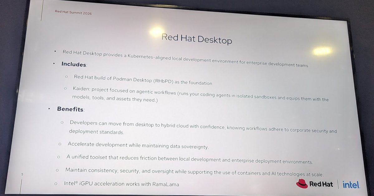 Slide titled Red Hat Desktop at Red Hat Summit 2026 listing Podman Desktop and Kaiden
