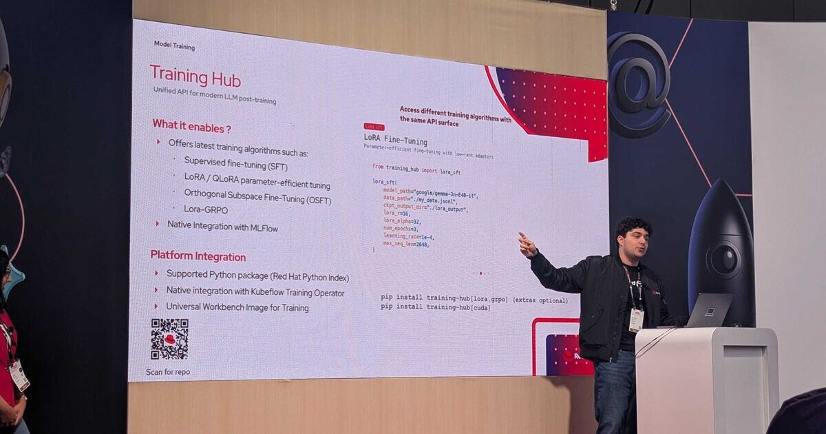Red Hat Training Hub demo at Red Hat Summit 2026 — LoRA fine-tuning slide