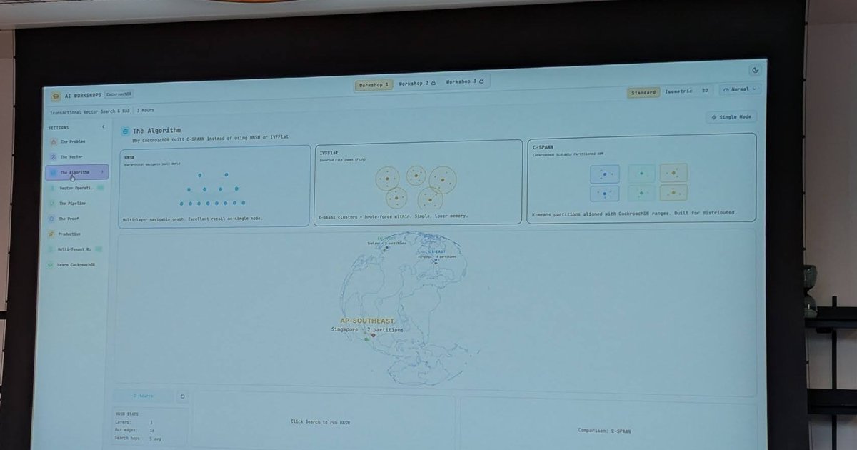 Workshop slide at RoachFest London 2026 comparing HNSW, IVFFlat and C-SPANN vector index algorithms