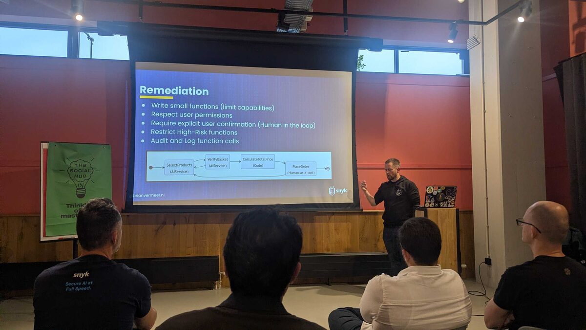 Brian Vermeer presenting AI security remediation at Snyk meetup, The Social Hub Amsterdam