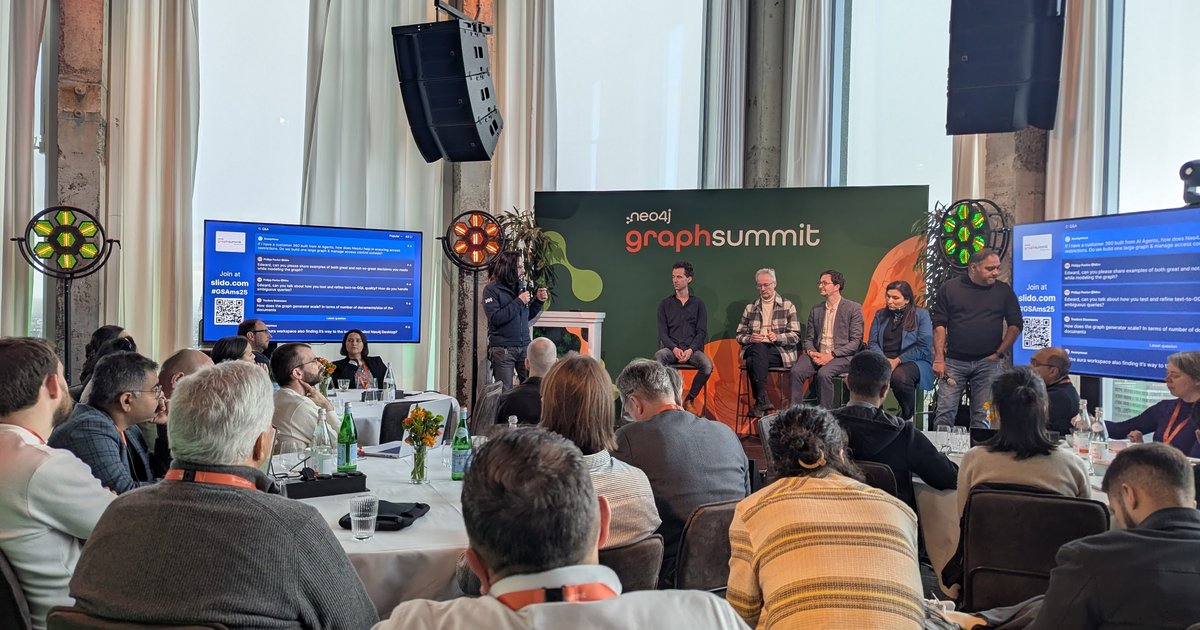 Stephen Chin moderating the Q&A panel on the GraphSummit stage in A'DAM Tower, Amsterdam, 2025