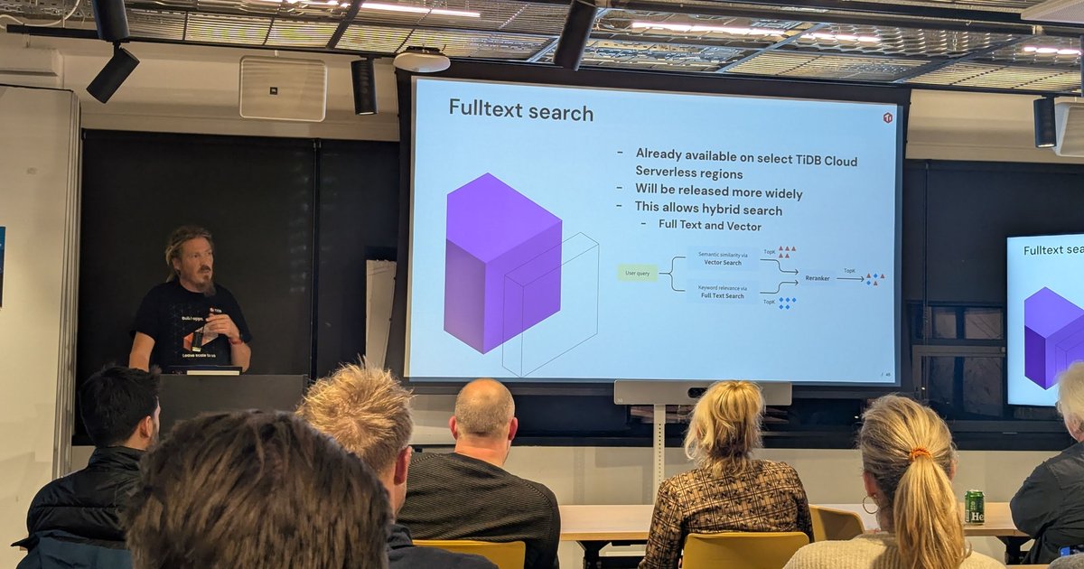 A TiDB speaker presenting a Fulltext search slide about hybrid search with vector and full-text retrieval feeding a reranker