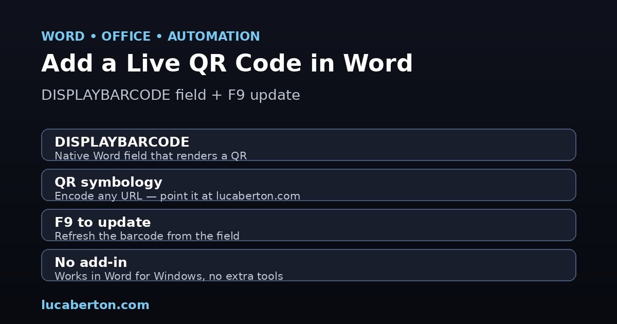 Add a live QR code inside a Word document with the DISPLAYBARCODE field