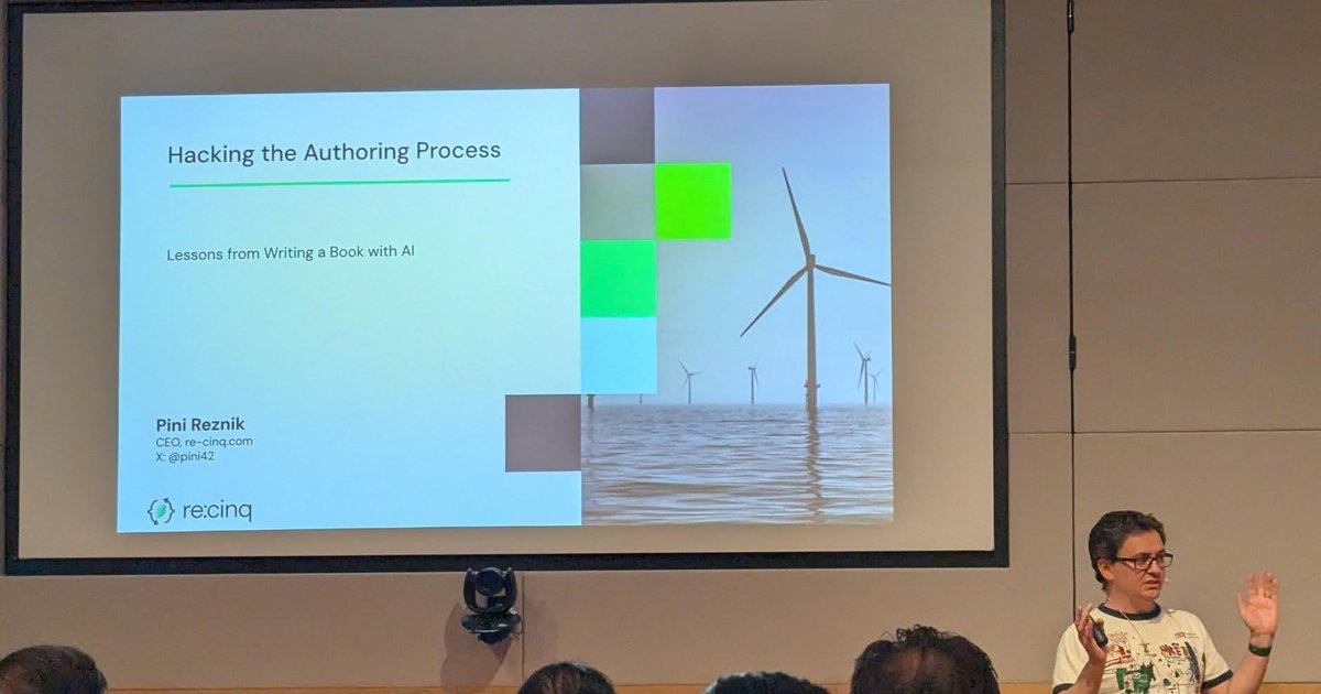 Pini Reznik presenting the title slide Hacking the Authoring Process: Lessons from Writing a Book with AI at a meetup at ING in Amsterdam
